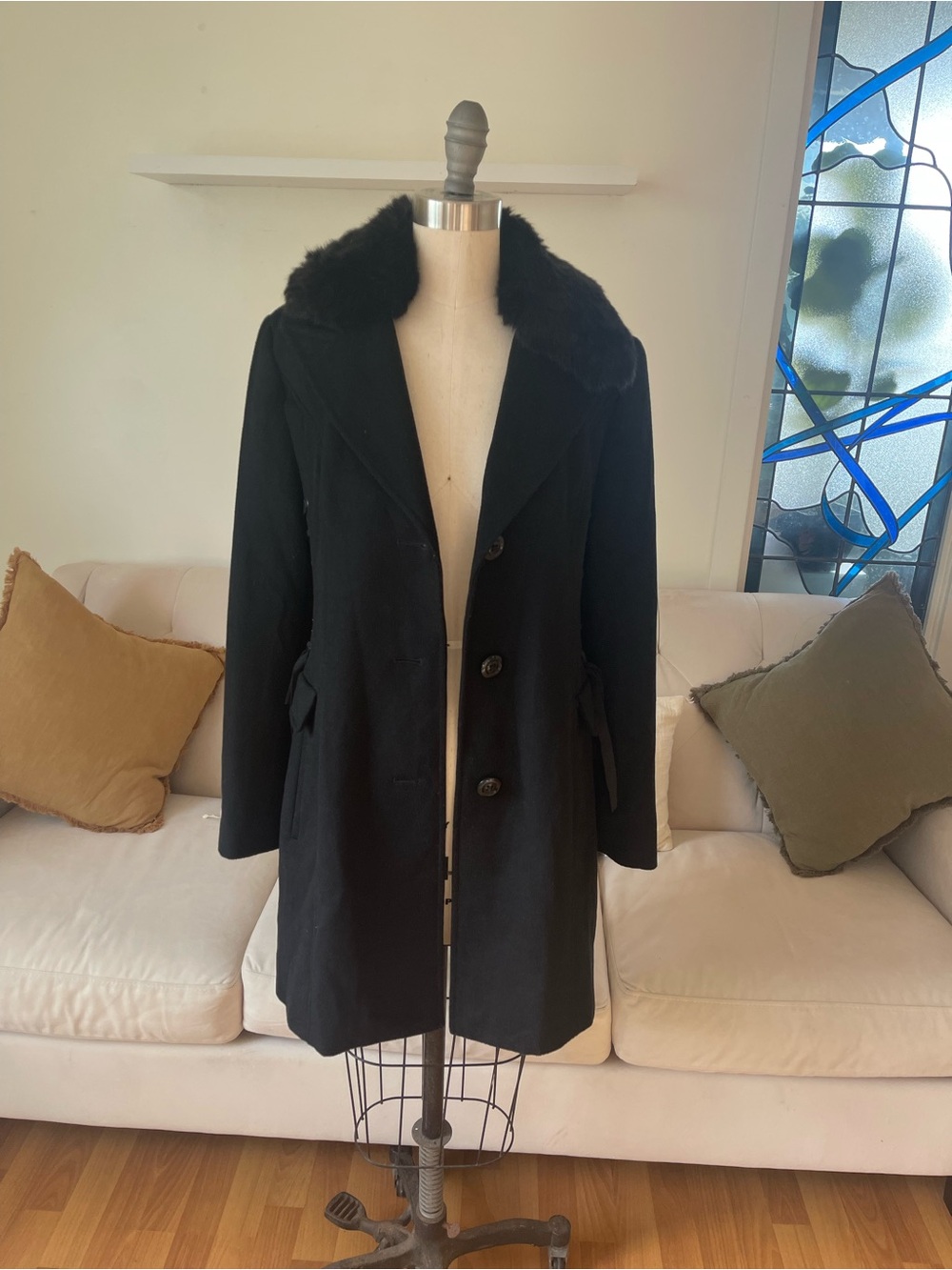 Betsey Johnson Black Wool pea Coat with Faux Fur Collar